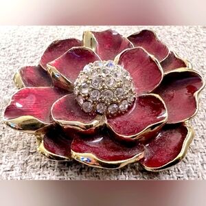 Monet Burgundy Red & Gold Tone  Rhinestone Flower Cluster Center Brooch